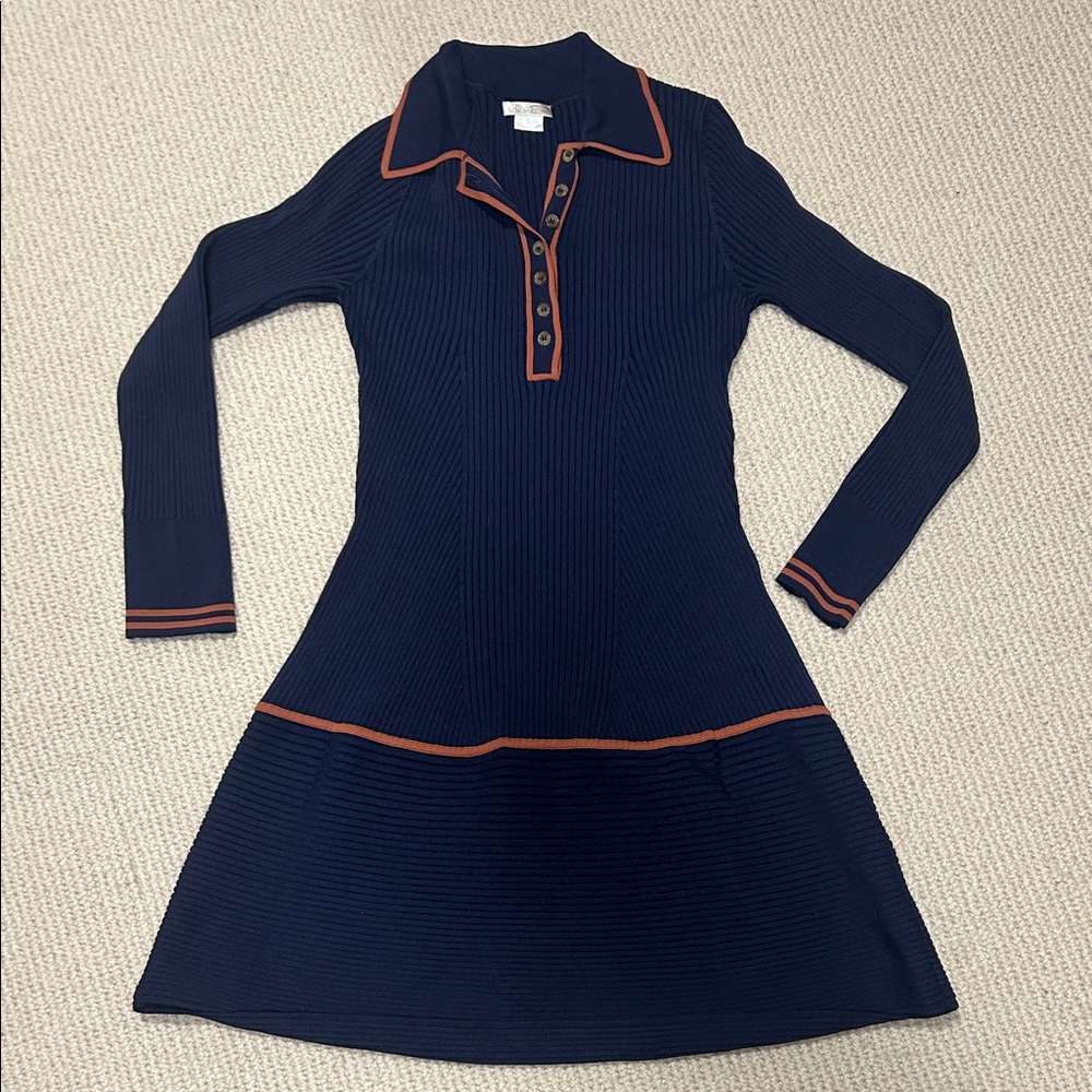 Shoshanna Navy Long Sleeve Knit Dress with Rust Trim